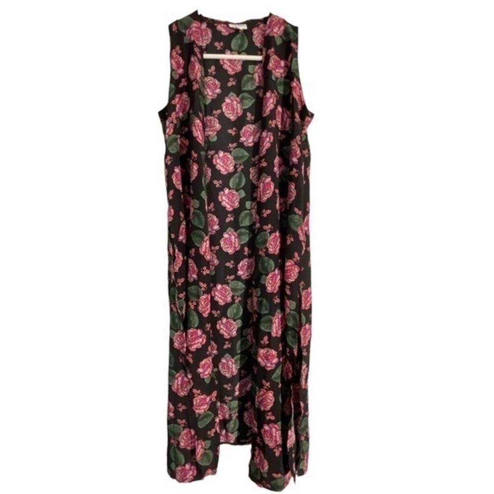 Lularoe Joy Black Pink Floral Long Sleeveless Roses Cardigan Size XS EUC #4321